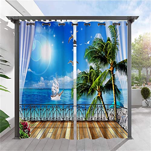 SK Studio 2 Stück Outdoor Vorhang Wetterfest Wasserdicht Sichtschutz Sonnenschutz Vorhang mit Strand-Ozean-Druckmuster für Balkon Terrasse Veranda Pergola Gartenlaube Stil 9, 253x241cm von SK Studio