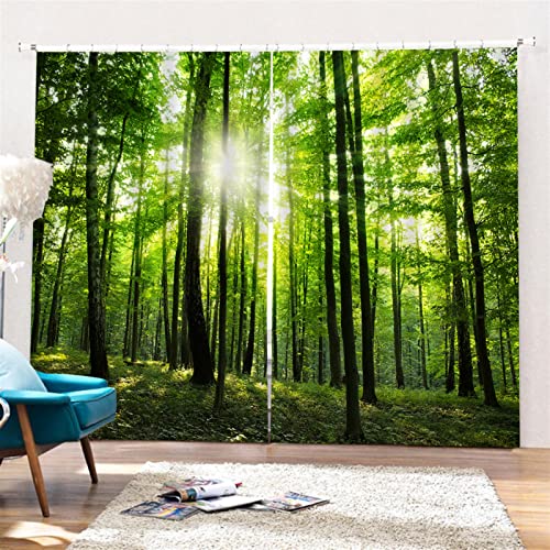 SK Studio 2er Set Verdunklungsvorhang Blickdicht Vorhang Wasserdicht mit Waldlandschaft Baumpfad Blauer Ozean Muster für Schlafzimmer Wohnzimmer Stil 13, 203x241cm von SK Studio