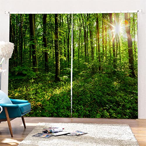 SK Studio 2er Set Verdunklungsvorhang Blickdicht Vorhang Wasserdicht mit Waldlandschaft Baumpfad Blauer Ozean Muster für Schlafzimmer Wohnzimmer Stil 14, 264x241cm von SK Studio