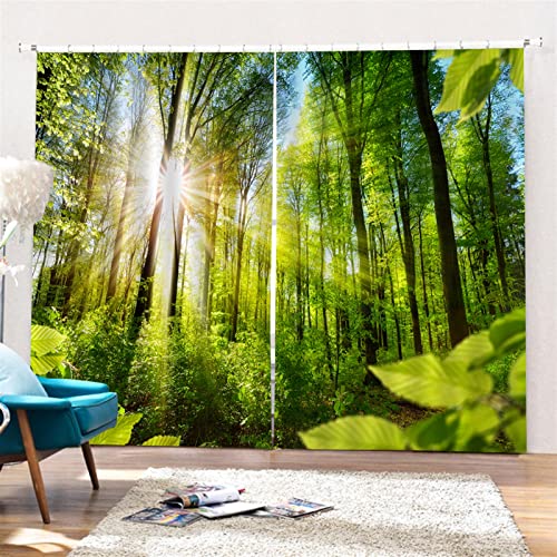 SK Studio 2er Set Verdunklungsvorhang Blickdicht Vorhang Wasserdicht mit Waldlandschaft Baumpfad Blauer Ozean Muster für Schlafzimmer Wohnzimmer Stil 15, 300x207cm von SK Studio