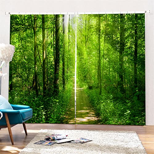 SK Studio 2er Set Verdunklungsvorhang Blickdicht Vorhang Wasserdicht mit Waldlandschaft Baumpfad Blauer Ozean Muster für Schlafzimmer Wohnzimmer Stil 18, 300x207cm von SK Studio