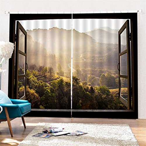 SK Studio 2er Set Verdunklungsvorhang Blickdicht Vorhang Wasserdicht mit Waldlandschaft Baumpfad Blauer Ozean Muster für Schlafzimmer Wohnzimmer Stil 4, 203x160cm von SK Studio