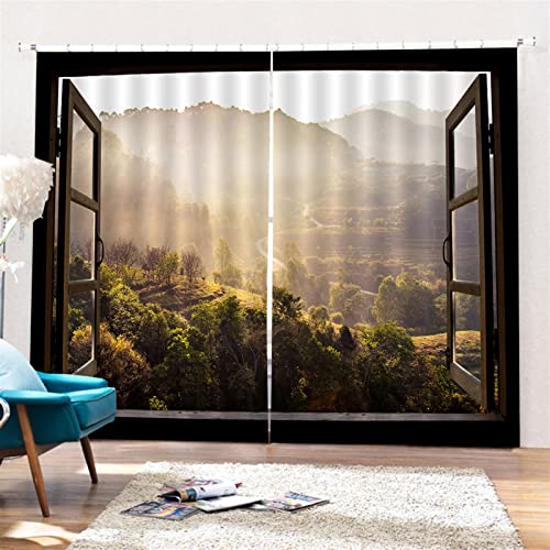 SK Studio 2er Set Verdunklungsvorhang Blickdicht Vorhang Wasserdicht mit Waldlandschaft Baumpfad Blauer Ozean Muster für Schlafzimmer Wohnzimmer Stil 4, 203x213cm von SK Studio