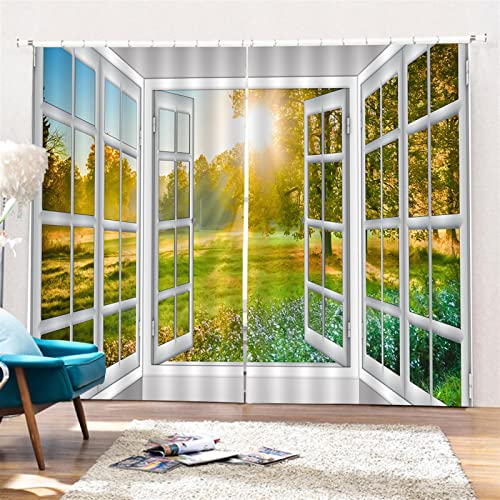 SK Studio 2er Set Verdunklungsvorhang Blickdicht Vorhang Wasserdicht mit Waldlandschaft Baumpfad Blauer Ozean Muster für Schlafzimmer Wohnzimmer Stil 7, 220x180cm von SK Studio