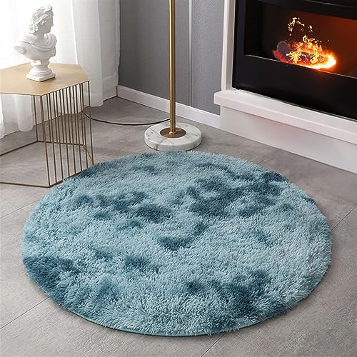 SK Studio Runden Hochflor Teppich Wohnzimmer rutschfest Fellteppich Shaggy Flauschig Weich Modern Teppiche für Schlafzimmer Wohnkultur Batikblau, 180x180cm von SK Studio