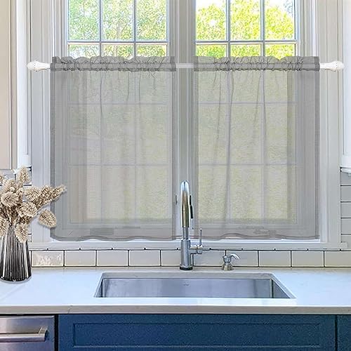 SK Studio Scheibengardine Leinen Bistrogardine Halbtransparent Vorhang Blickdicht Privatsphäre Fenstervorhang Gardine Schals Lichtdurchlässig Vorhänge für Küche Wohnzimmer 2 Stück Hellgrau, 85x61cm von SK Studio