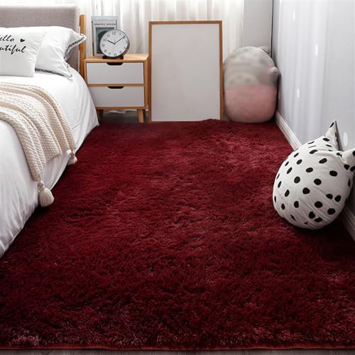 SK Studio Flauschiger Teppich für Wohnzimmer und Schlafzimmer - Shaggy, Waschbar, Weich - Weinrot, 200x250cm von SK Studio