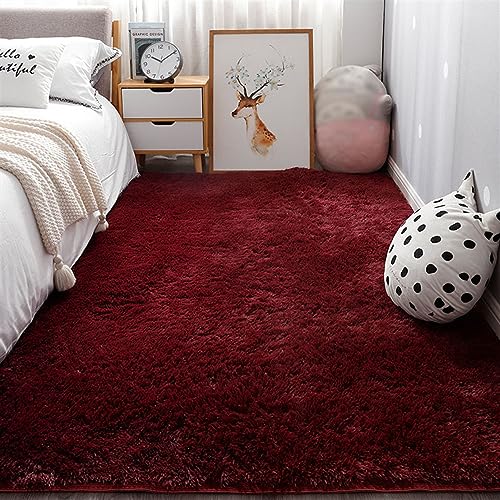 SK Studio Flauschiger Teppich für Wohnzimmer und Schlafzimmer - Shaggy, Waschbar, Weich - Weinrot, 200x300cm von SK Studio
