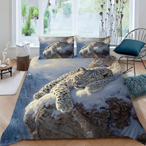 Bettwäsche 155x220 Schneeleopard Bettwäsche-Set 3Teilig Bettbezug Set 155x220 mit Reißverschluss Tier Teenager Jungen Mädchen Mikrofaser Bedding Set von SK-YBB