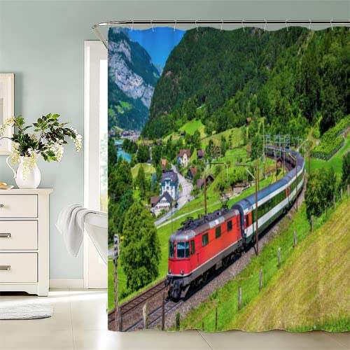 Duschvorhänge 120x180 Zug Eisenbahn 3D Shower Curtains Antischimmel Wasserdicht Kinder Duschvorhänge EMU Kindermotiv Wasserdichtes Textil mit ösen und 12 Duschringen von SK-YBB