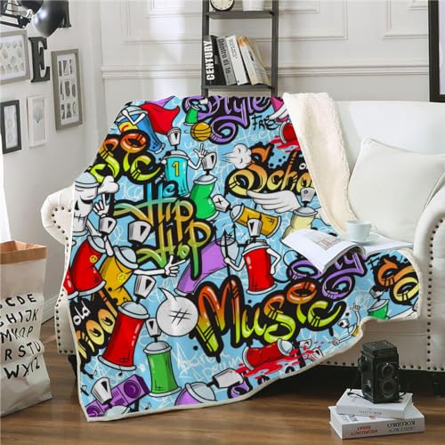 Fleecedecke Kuscheldecke 150x200 Kinder Jungen Mädche Hip Hop Wolldecke Weich Sofadecke Wohndecke Couchdecke Wohnzimmerdecke Sofa Decke Graffiti Bed Decke XL Warm Sherpa von SK-YBB