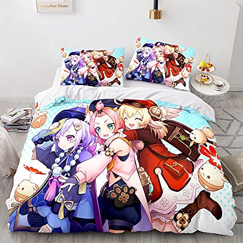SK-YBB Anime Game Bettwäsche-Set Genshin Impact Game Bettwäsche für Kinder Teenager Genshin Bettbezug mit 2 Kissenbezug und Reißverschluss (B5,King 220x240 cm +80x80cm) von SK-YBB