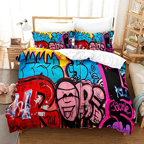 SK-YBB Bettwäsche Hip Hop 3D Graffiti Für Jugendliche Kinder Europäische Und Amerikanische Art Bettwäsche Set Straßengraffiti Bettbezug (A10,135x200cm 80x80) von SK-YBB