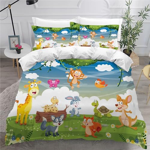 SK-YBB Zoo Bettwäsche 155x220 Teenager KinderBettwäsche für Mädchen und Jungen Cartoon-Tiere 3 Stück mit Reißverschluss und Kissenbezug 80x80cm Mikrofaser von SK-YBB