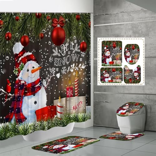 Weihnachten Duschvorhang Sets Schneemann Weihnachtsmann Duschvorhang Teppiche Toilettensitzbezug Wasserdichtes Badezimmer Polyester Duschvorhang mit Haken 4 STÜCKE (Farbe 1#,180x200 cm) von SK-YBB