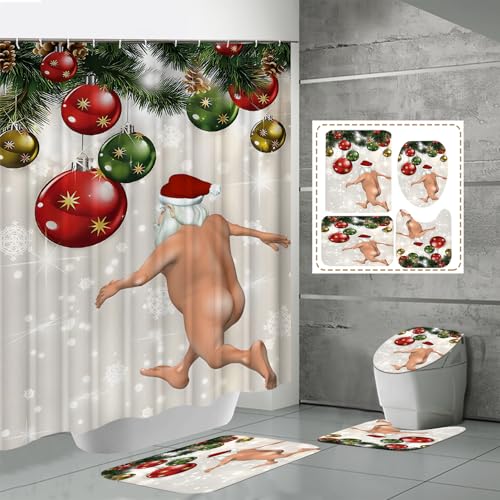 Weihnachten Duschvorhang Sets Schneemann Weihnachtsmann Duschvorhang Teppiche Toilettensitzbezug Wasserdichtes Badezimmer Polyester Duschvorhang mit Haken 4 STÜCKE (Farbe 14#,180x200 cm) von SK-YBB