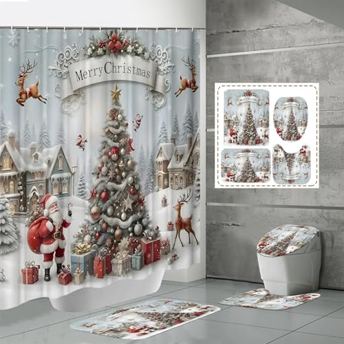 Weihnachten Duschvorhang Sets Schneemann Weihnachtsmann Duschvorhang Teppiche Toilettensitzbezug Wasserdichtes Badezimmer Polyester Duschvorhang mit Haken 4 STÜCKE (Farbe 15#,90x180 cm) von SK-YBB