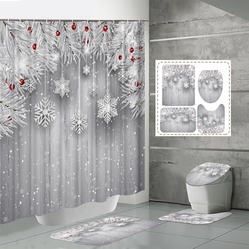 Weihnachten Duschvorhang Sets Schneemann Weihnachtsmann Duschvorhang Teppiche Toilettensitzbezug Wasserdichtes Badezimmer Polyester Duschvorhang mit Haken 4 STÜCKE (Farbe 20#,150x180 cm) von SK-YBB
