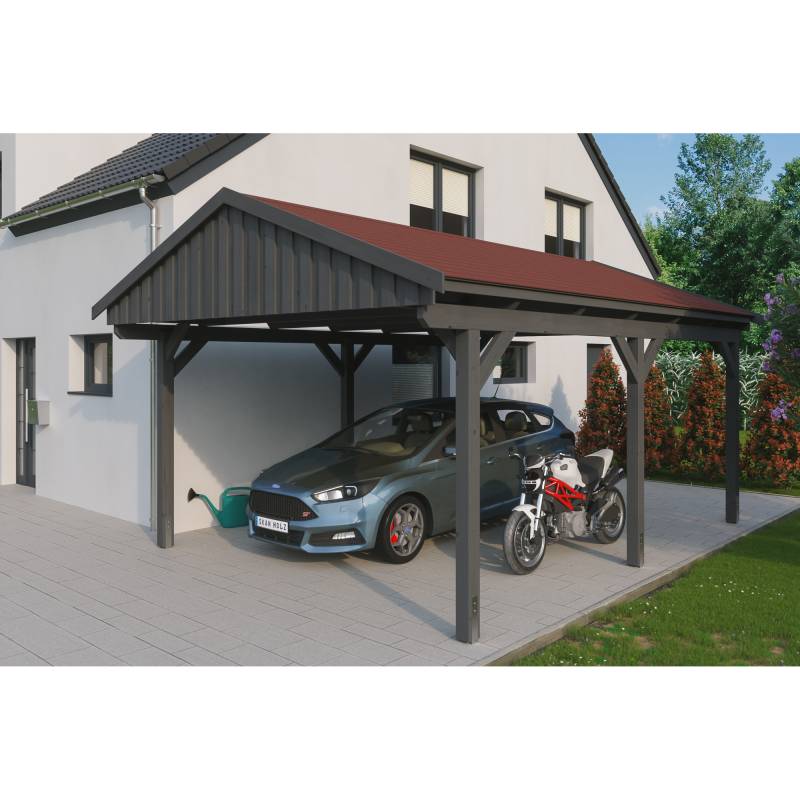SKAN HOLZ Einzelcarport 'Fichtelberg' 423 x 566 cm schiefergrau mit roten Schindeln von SKAN HOLZ