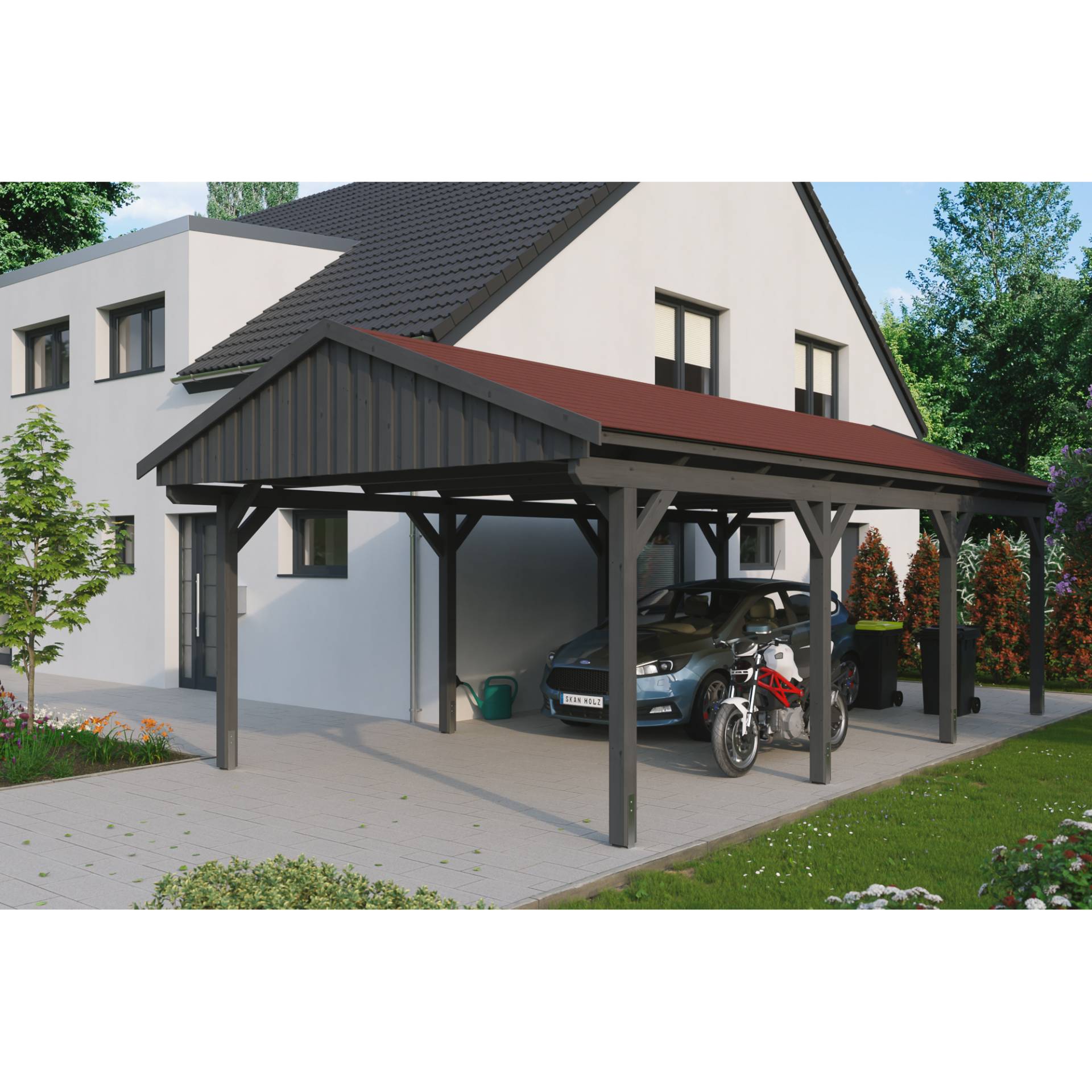 SKAN HOLZ Einzelcarport 'Fichtelberg' 423 x 808 cm schiefergrau mit roten Schindeln von SKAN HOLZ