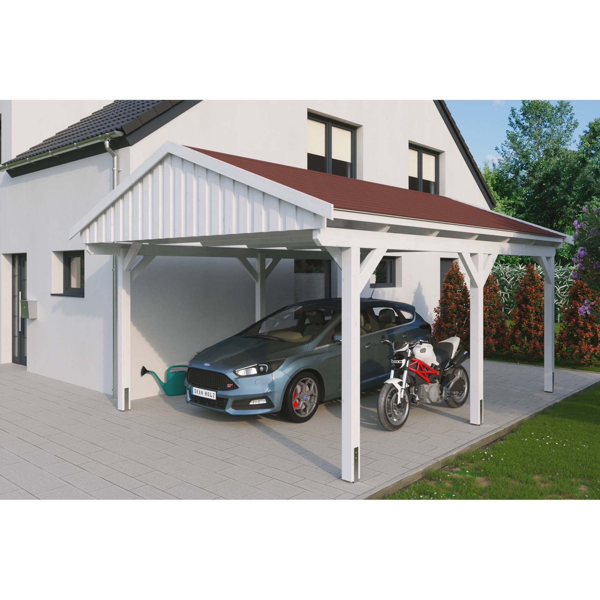 SKAN HOLZ Carport 'Fichtelberg' weiß mit roten Schindeln 423 x 566 cm von SKAN HOLZ