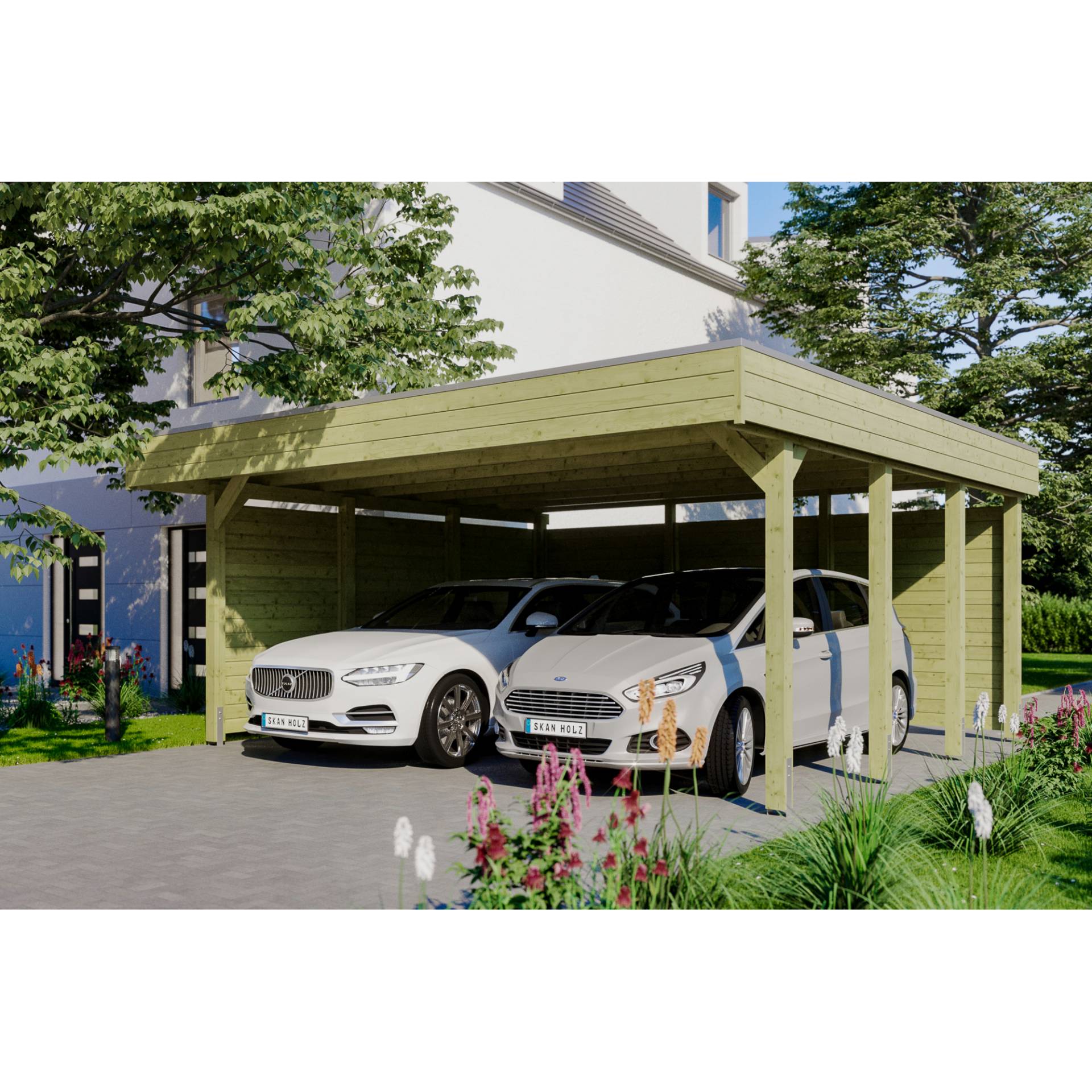 SKAN HOLZ Doppelcarport 'Friesland' 557 x 555 cm KDI imprägniert Set 3 m. Rück- und Seitenwand SKAN HOLZ Doppelcarport 'Friesland' 557 x 555 cm KDI imprägniert Set 3 m. Rück- und Seitenwand von SKAN HOLZ