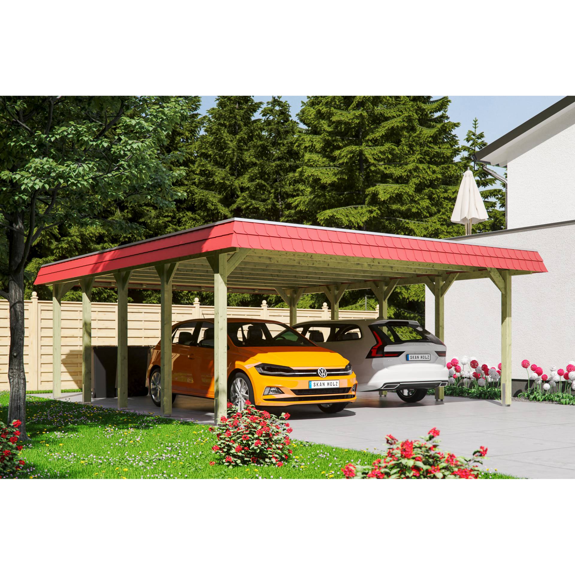 SKAN HOLZ Doppelcarport 'Spreewald' 585 x 741 cm rote Blende KDI imprägniert SKAN HOLZ Doppelcarport 'Spreewald' 585 x 741 cm rote Blende KDI imprägniert von SKAN HOLZ