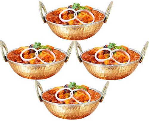 Satz von 4, der Kupfer Utensilien Indien karahi Abendessen Gemüse Schüssel mit Griff für indische Lebensmittel, Durchmesser 15 cm von Rastogi handicrafts