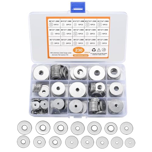 SKENGWEL Unterlegscheiben Set Edelstahl, 230 Stück große Flach Unterlegscheiben，Sicherungsscheiben Sortiment Kit,mit Einer Sortimentskasten,Metall Scheiben Muttern, 15 Größen M3/M4/M5/M6/M8/M10/M12 von SKENGWEL