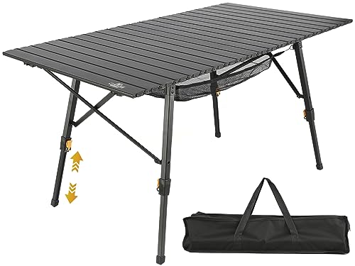 SKIKEN Familien-Campingtisch, aufrollbar, großer klappbarer Picknicktisch, Aluminiumtisch mit Netztasche, tragbare Aufbewahrungstasche, verstellbare Sägezahnbeine, stabile Metallstütze, 120 cm (B) x von SKIKEN