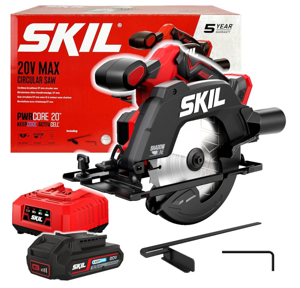 SKIL Akku-Handkreissäge 20V 3551 CC 165mm Akku-Kreissäge (1x2.5Ah), Akku-Handkreissäge SKIL 3520 Hartmetallbestücktes Sägeblatt (24 Zähne, Ø 165 mm, Holz) Parallelanschlag Staubbeutel Staubsaugeradapter Sechskantschlüssel von SKIL