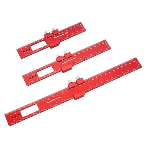 3-teiliges Lineal for die Holzbearbeitung, 16 cm, 20 cm, 30 cm, Metall-Taschenlineal, T-Typ-Anreißlineal, verstellbarer Schiebewinkelmesser, Aluminium-Taschenlineal(Red) von SKINPA