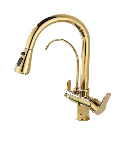 Küchenspüle Wasserhahn for Bar Bauernhaus Gewerbe, Wasserfilter Wasserhähne Küchenarmaturen, Doppelgriff Deck montiert Mischbatterie, 360 Grad drehbar, Wasser Pur(Gold) von SKINPA