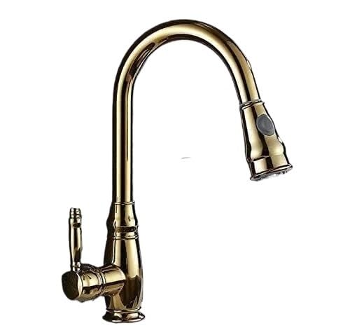 Mischbatterie Ausziehbare Wasserhähne for Bar Bauernhaus Gewerbe, Deckmontage Küchenspüle Wasserhahn Kran, Kalt-Warmwasserhahn Drehbar(Gold) von SKINPA