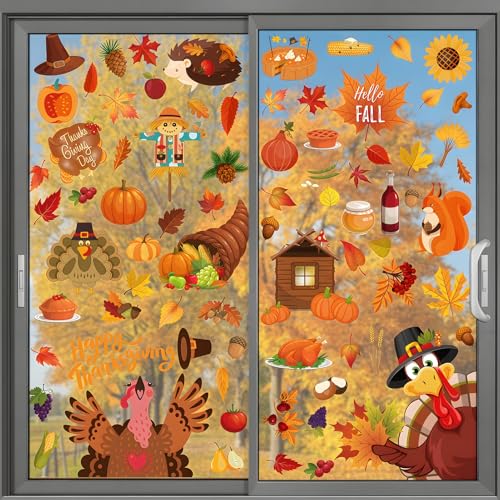 Thanksgiving Fenster Aufkleber, Herbstblatt Deko Aufkleber, Fensterbilder Herbst Selbstklebend, Ahornblätter Kürbis Kleintiere Fensterdeko Herbst 9 Stück (109 Pcs) von SKIPTHYBER