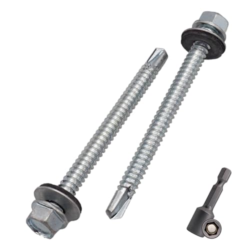 SKIR'CO (100 Stück) Verzinkte Dachschrauben 6,3 x 75 mm, Sechskantkopf, DIN 7504-K selbstbohrende Schrauben mit EPDM Dichtungsscheiben von SKIR'CO