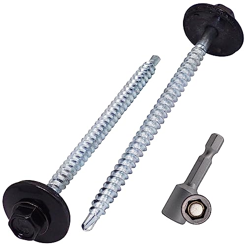 SKIR'CO (100 Stück) lackierte Dachschrauben 4,8 x 80 mm, Sechskantkopf, selbstbohrende Schrauben mit EPDM-Unterlegscheiben (Tiefschwarz, RAL 9005) von SKIR'CO