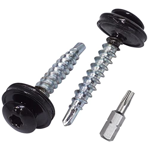 SKIR'CO (150 Stück) Metall Dachschrauben 4,8 x 35 mm Lackierte selbstbohrende Schrauben mit EPDM Unterlegscheiben, Torx Kopf (Tiefschwarz RAL 9005) von SKIR'CO
