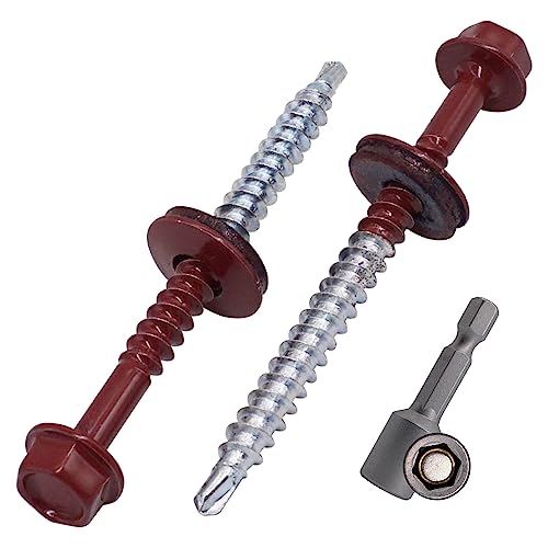 SKIR'CO (200 Stück) lackierte Dachschrauben 4,8 x 60 mm, Sechskantkopf, selbstbohrende Schrauben mit EPDM-Unterlegscheiben (Oxidrot, RAL 3009) von SKIR'CO