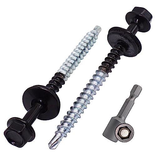 SKIR'CO (200 Stück) lackierte Dachschrauben 4,8 x 60 mm, Sechskantkopf, selbstbohrende Schrauben mit EPDM-Unterlegscheiben (Tiefschwarz, RAL 9005) von SKIR'CO