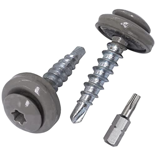 SKIR'CO (300 Stück) Dachschrauben 4,8 x 28 mm Lackierte selbstbohrende Schrauben mit EPDM Unterlegscheiben, Torx Kopf (Grau Aluminium RAL 9007) von SKIR'CO