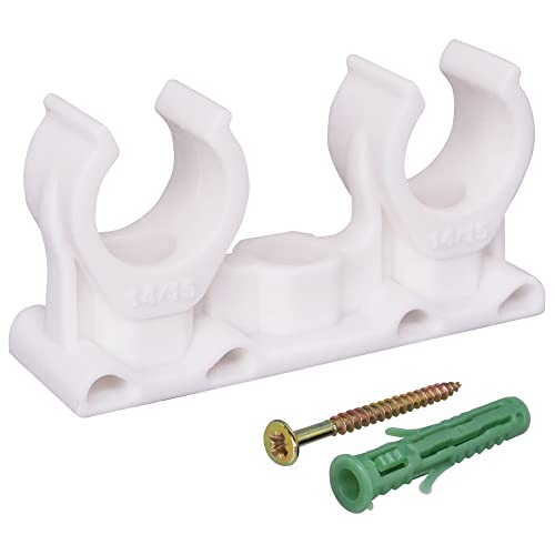 SKIR'CO (50 Stück) Doppelrohrschellen, Kunststoffschellen für 14-15mm Rohre, U-Typ Rohrklemme, Rohrschellen Weiße Clips, Schlauchaufhänger von SKIR'CO