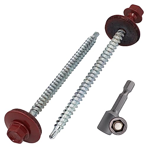 SKIR'CO (50 Stück) lackierte Dachschrauben 4,8 x 80 mm, Sechskantkopf, selbstbohrende Schrauben mit EPDM-Unterlegscheiben (Oxidrot, RAL 3009) von SKIR'CO