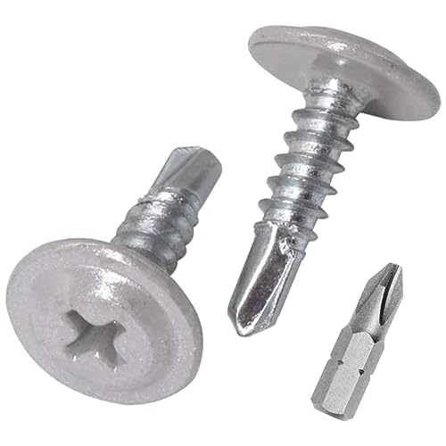 SKIR'CO (400 Stück) lackierte 4,2 x 16 mm selbstbohrende Schrauben, Kreuzschlitz-Modifizierter Halsspannkopf, Blechschraube, Tellerkopf (400, weißes Aluminium RAL 9006) von SKIR'CO