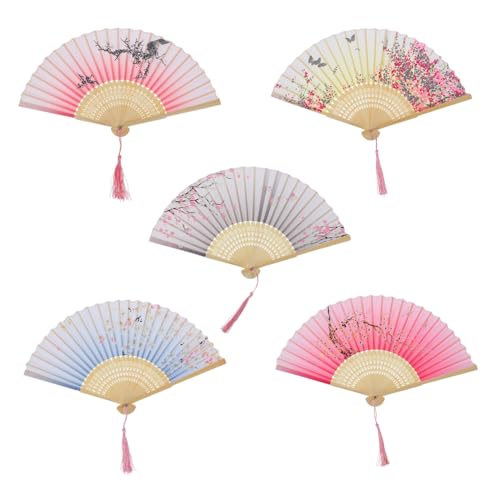 SKISUNO 5 Stück Japanische Faltfächer Vintage Stil Retro Handfächer für Dekoration Hochzeit Party Cosplay Theater Requisiten und Alltagsgebrauch Zufällige Designs von SKISUNO