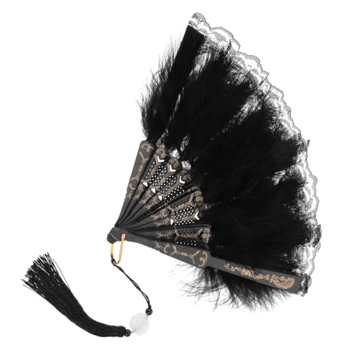 SKISUNO Vintage Spitzen Faltfächer mit Schwarzen Spitzen und Federn Eleganter Brautfächer für Hochzeit Party und Tanz Faltbarer Handventilator mit Dekorativem Quastenanhänger Leicht und von SKISUNO