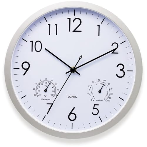 SKJJM Outdoor Wasserdicht Wanduhr mit Thermometer und Hygrometer, Gartenuhr Wetterfest Outdoor, 30 cm Moderne Küchenuh, Rund Quarz Wanduhr Ohne Ticken für Wohnzimmer Büro Küche (Weiß) von SKJJM