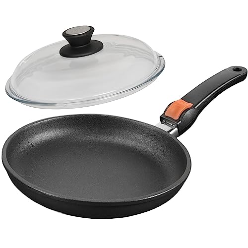 SKK große 2-tlg. Aluguss Flachrand-Pfanne Ø 32 cm Induktion - Bratpfanne Griff abnehmbar & Antihaft-Beschichtung & Vollglas-Deckel - Made in Germany von SKK