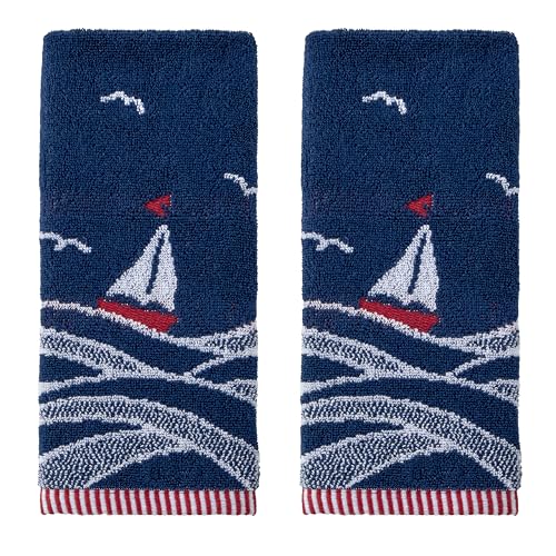 SKL HOME Handtuch mit Segelboot-Wellen, 2-teiliges Set für Bad/Küche/Bar & Geschenk, Marineblau von SKL Home
