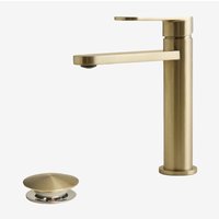 Alameda Messing-Waschtischarmaturen-Set und Orveta Edelstahl- und Messing-Click-Clack-Waschtisch-Ablaufventil-Set Vergoldet ↑20 cm - Sklum von SKLUM